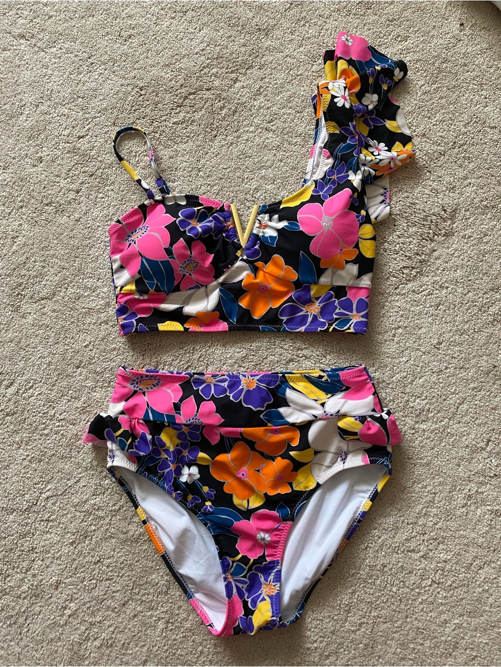 NWT White Stag Woman’s Floral One-Shoulder Bikini in Black, Pink, and Orange